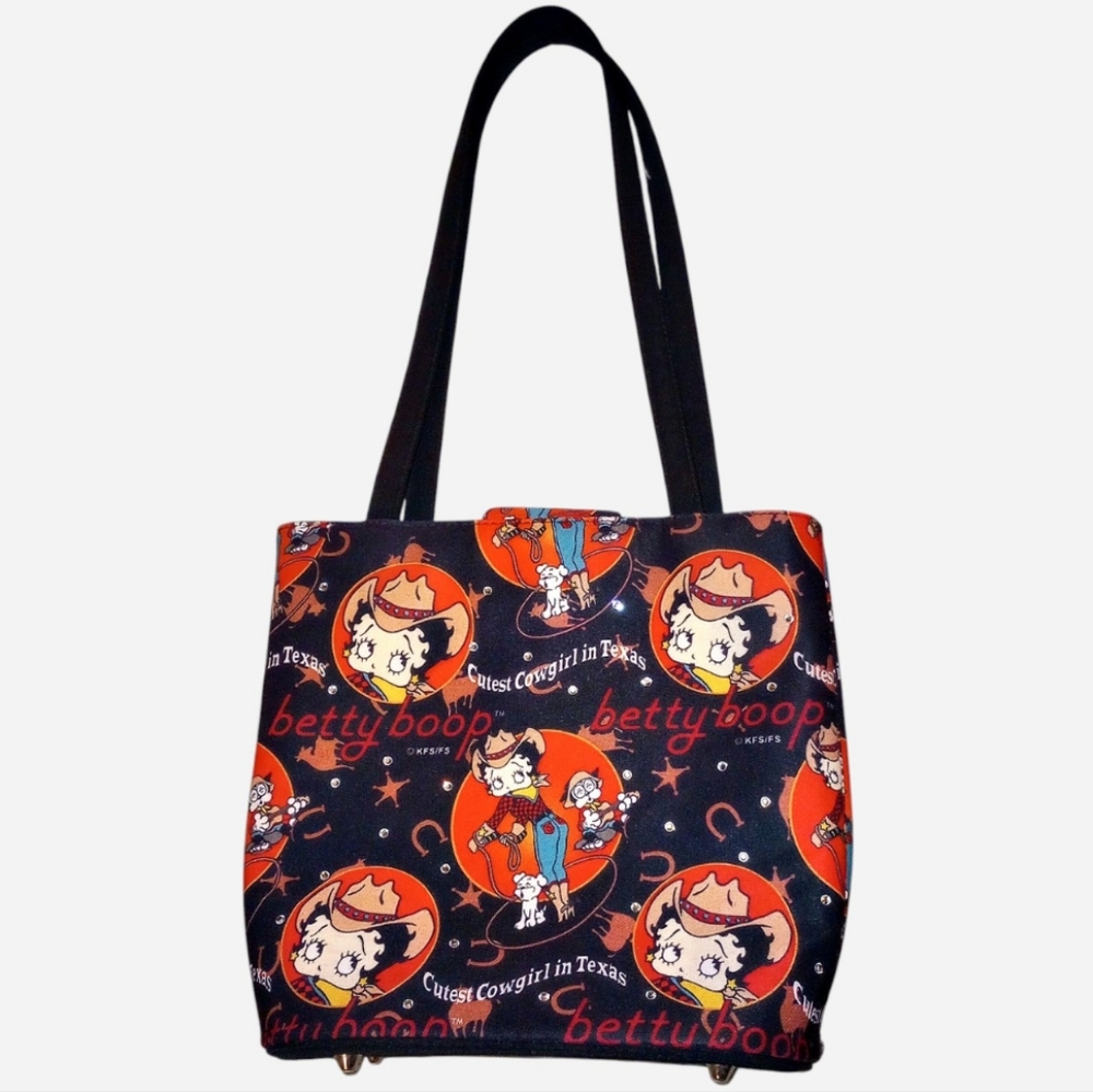 Vintage Cowgirl In Texas Betty Boop Black and Red Cowgirl Tote With Rhinestones